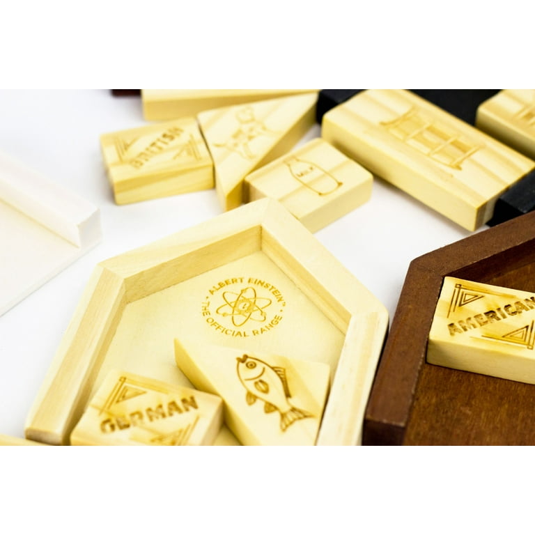ラスト！スイス領事館スイスネックス 檜升＆ピンバッジセット（3種・14個入り） Einstein Brain Teaser Wooden Puzzle - Solve Clues to Find Fish