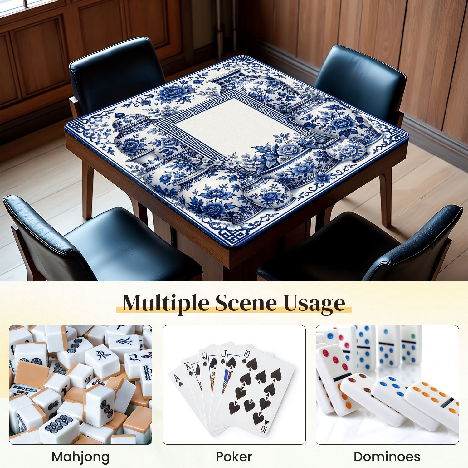 Mahjong Mat 31.5" x 31.5" Blue White Porcelain Vases Jars Floral Non-Slip Noise Reduction Mahjong Tiles Table Cover for Dominoes Poker Card Board and Tile Games