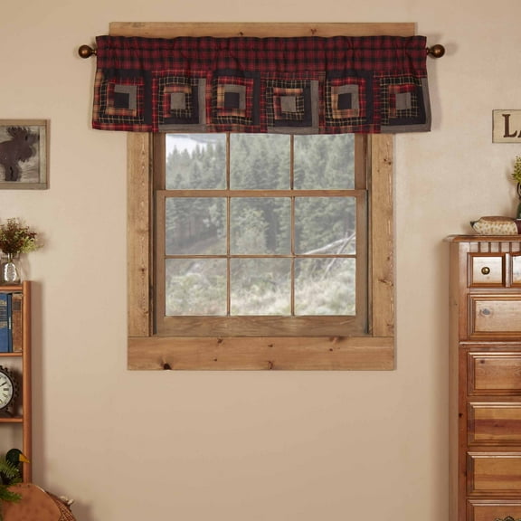 VHC Brands Rustic & Lodge Kitchen Window Cumberland Red Patchwork Curtain, Valance 16x60