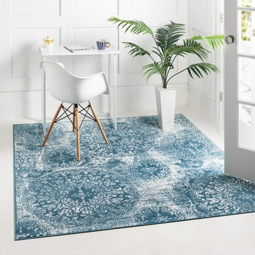 Rugs.com Monte Carlo Collection Rug – 6' Square Blue Medium Rug Perfect For Living Rooms, Kitchens, Entryways