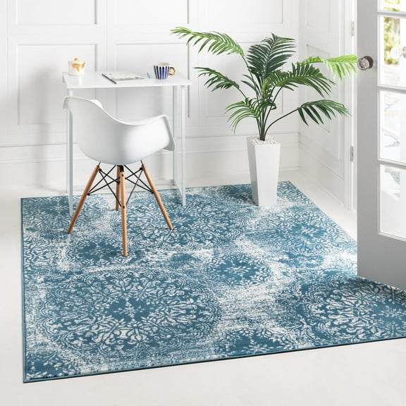 Rugs.com Monte Carlo Collection Rug – 8' Square Blue Medium Rug Perfect For Living Rooms, Kitchens, Entryways
