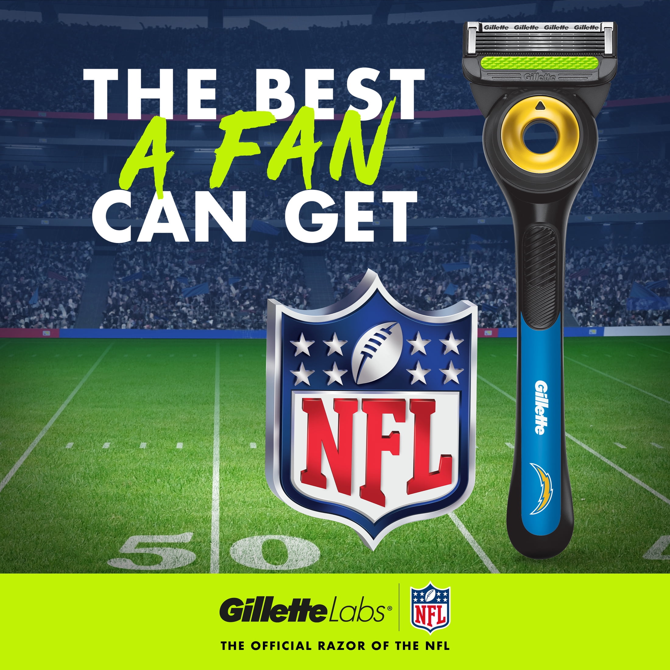Gillette Labs Official Chargers Licensed Razor for Men, Perfect for Game Day Grooming, Gillette Labs with Exfoliating Bar, 1 Handle, 4 Blade Refills, with Magnetic Stand