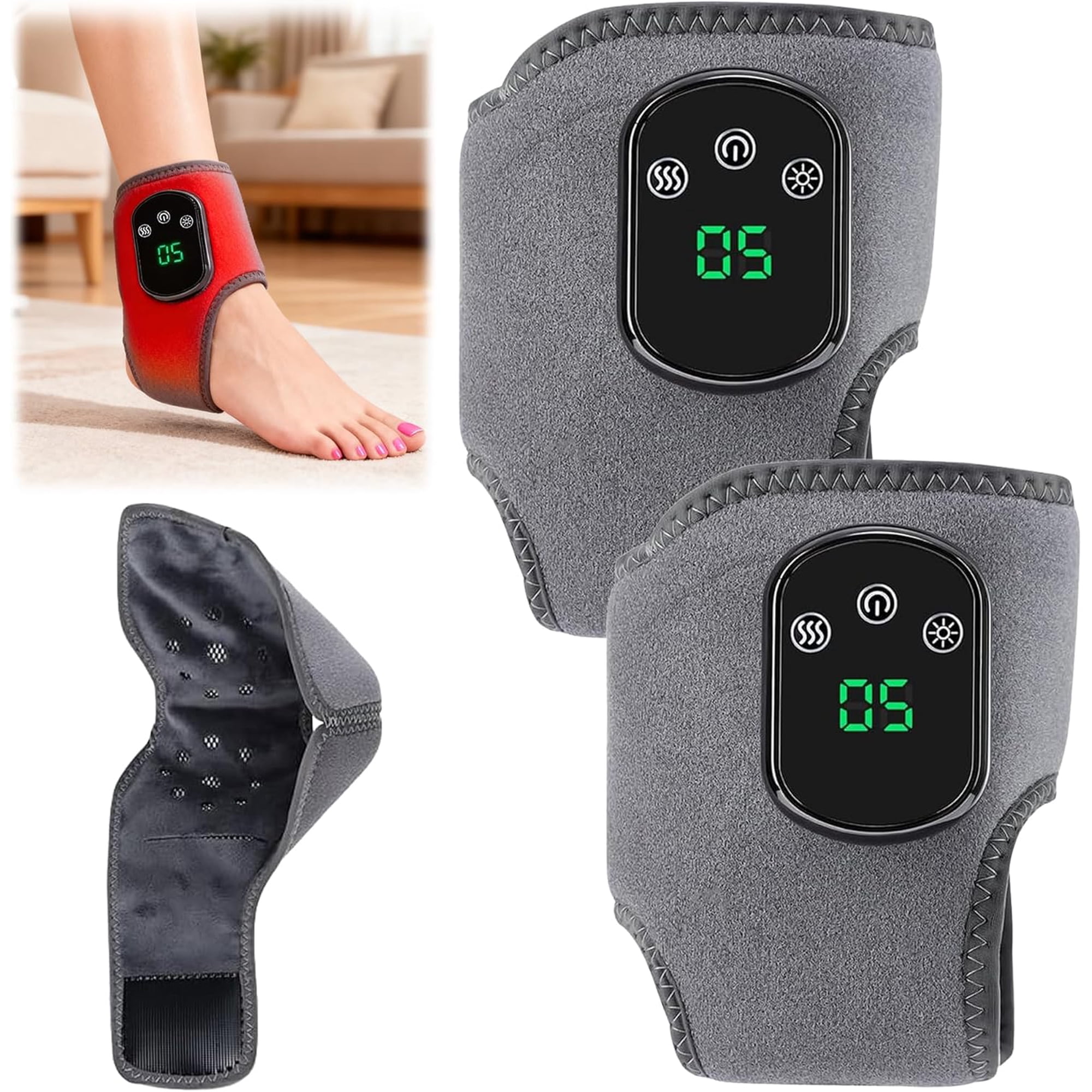 2 Pcs Gray Foot Renew Triple Method Massager, 2025 New 3 in 1 Wireless Heated Foot & Ankle Wrap, Portable Foots Renew Massager for Ankle Relaxation（x）