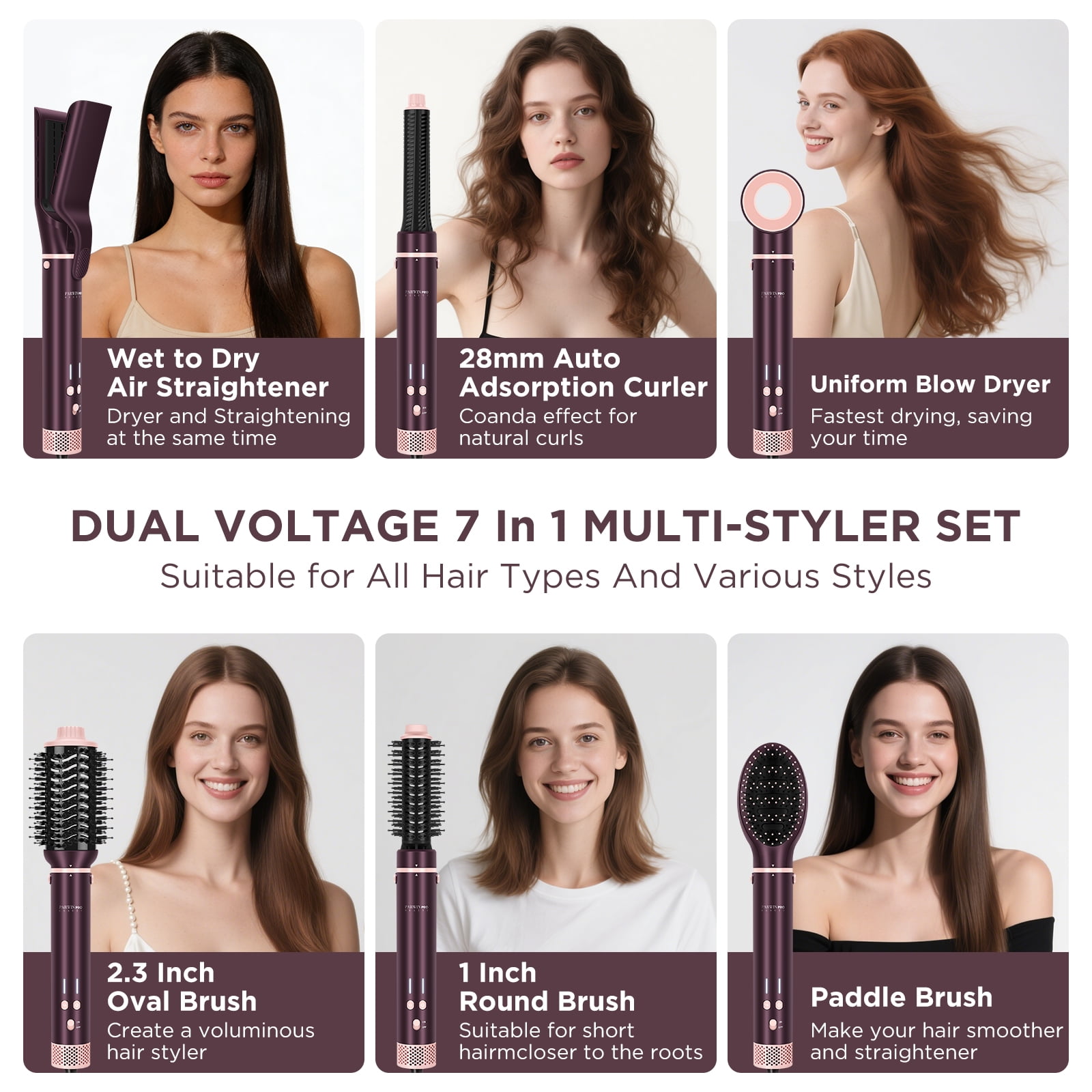 PARWIN PRO BEAUTY Dual Voltage 7-in-1 Hair Styler, Hot Air Multi-Styler with Air Straightener & 28mm Auto Wrap Curlers for Frizz-Free, Less Heat Damage, Jasper Plum