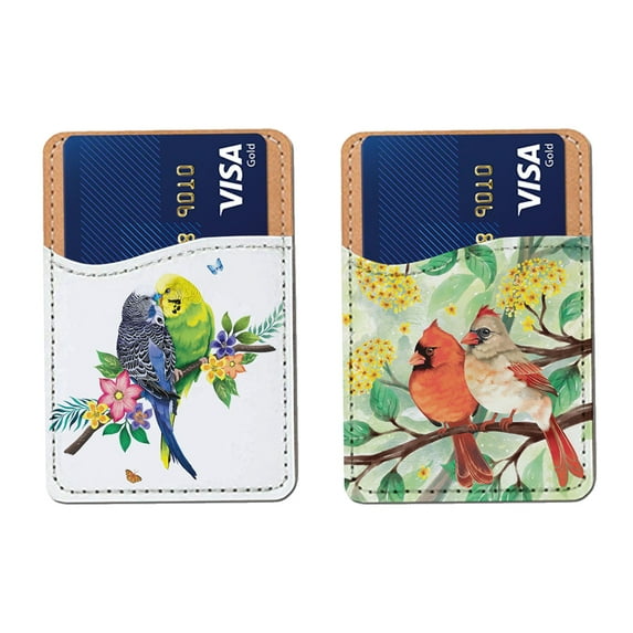 WIRESTER 2pcs Set Self-Adhesive PU Leather Card Holder Stick on Pocket Credit Card Case Pouch Wallet for Apple Samsung Motorola LG Smart Phones - Budgie Parakeet Cardinal Birds