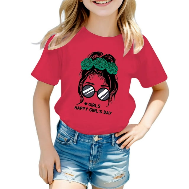 LUOGENLI T-Shirt pour Filles Enfant Filles Mignon Graphique Imprimé Col Rond Manches Courtes Tee Été Décontracté T-Shirt Hauts Maxi Chemises pour Filles 3-4 Ans
