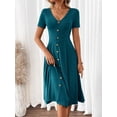 thumbnail image 4 of Teal Blue V-Neck Short Sleeve Fit & Flare Midi Dress With Gold-Tone Button Front, 4 of 7