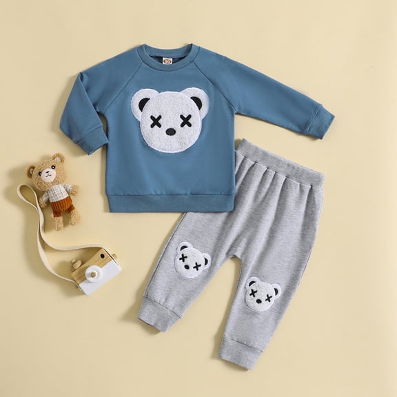 Eltusu Boys Cotton Outfit Sets, Two Pieces Long Sleeve Graphic Tops and Pants Set Blue Size 6 T