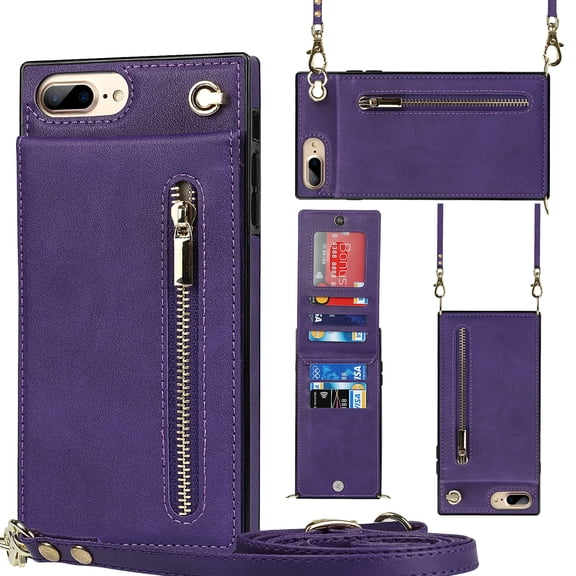 Crossbody Wallet Case for iPhone 8 Plus/7 Plus with Card Holders RFID Shockproof Cover, Back Magnetic Flip Kickstand Zipper Slot Case, PU Leather Cover Handbag Shoulder Strap Phone Case,Purple