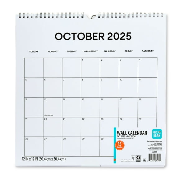 Pen+Gear 15-Month Spiral Wall Calendar, Black and White, 12" x 12", October 2025-December 2026