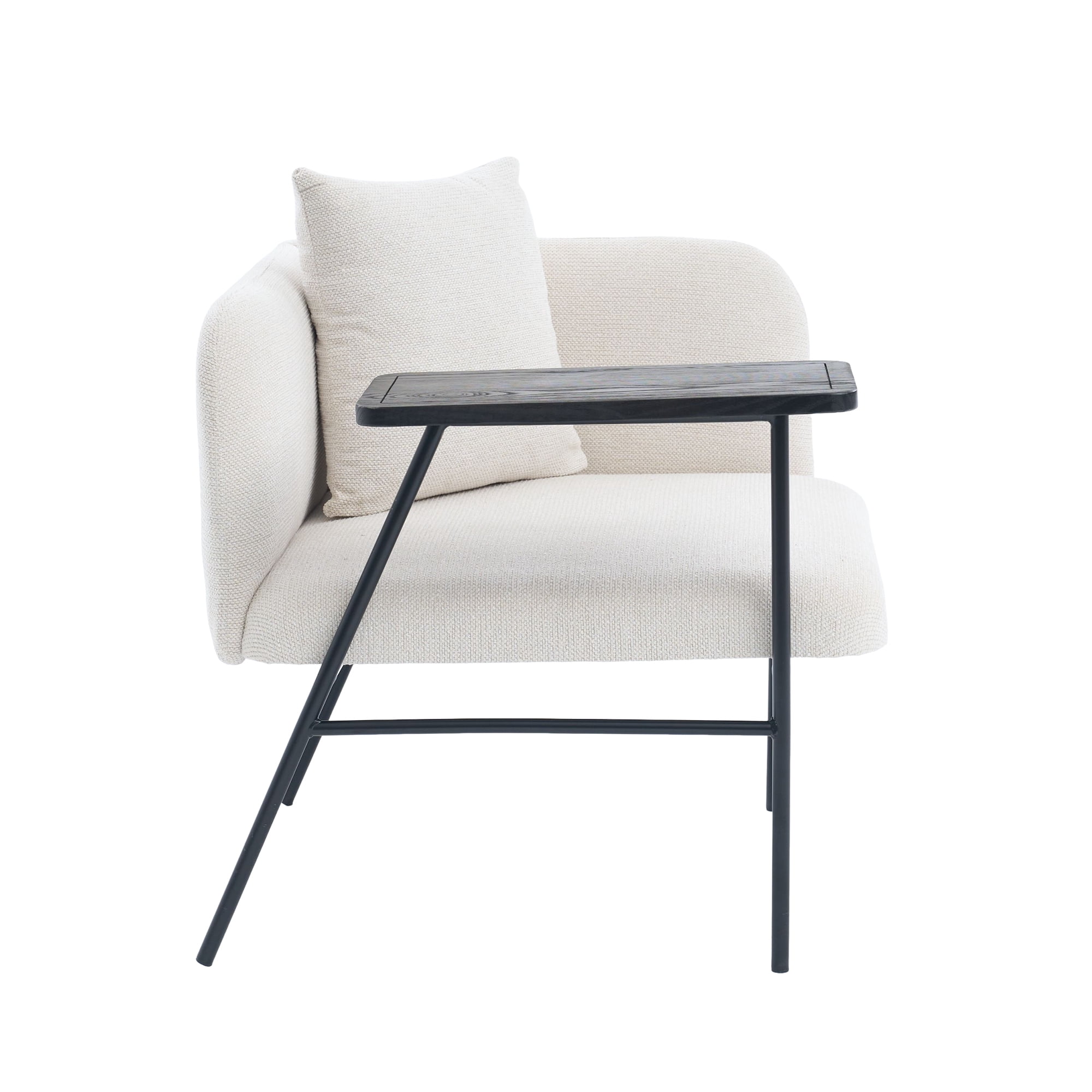 Leisure Lounge Chair with Side Table and Back Pillow, Modern Upholstered Accent Armchair Single Sofa with Metal Legs and Side Pockets, Living Room Bedroom Reading Seating, Beige