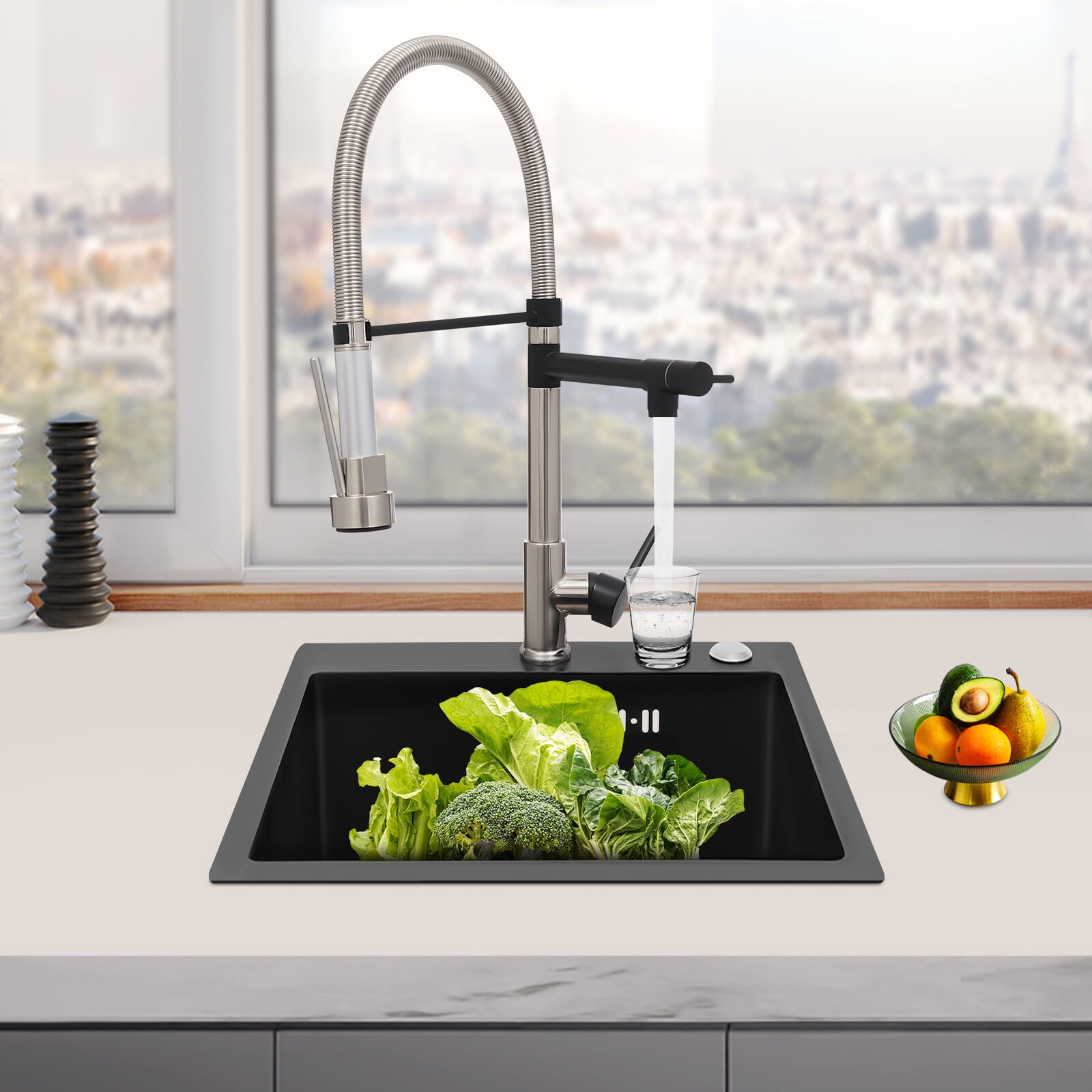 Kitchen Sink Single Handle Stainless Steel Faucet with Pull Down Sprayer(Brushed Black)