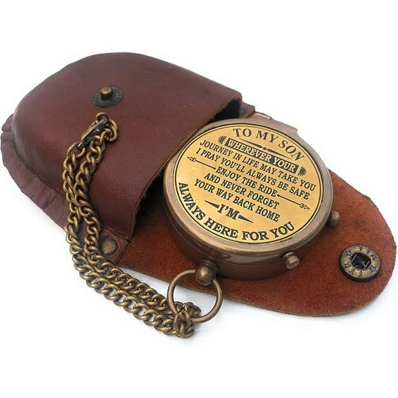 NauticalMart Brass Compass Gift to My Son Compass with chain and Leather Storage Case