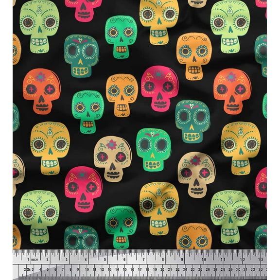 Soimoi Black Cotton Duck Fabric Tribal Skull Printed Fabric 1 Yard 42 Inch Wide