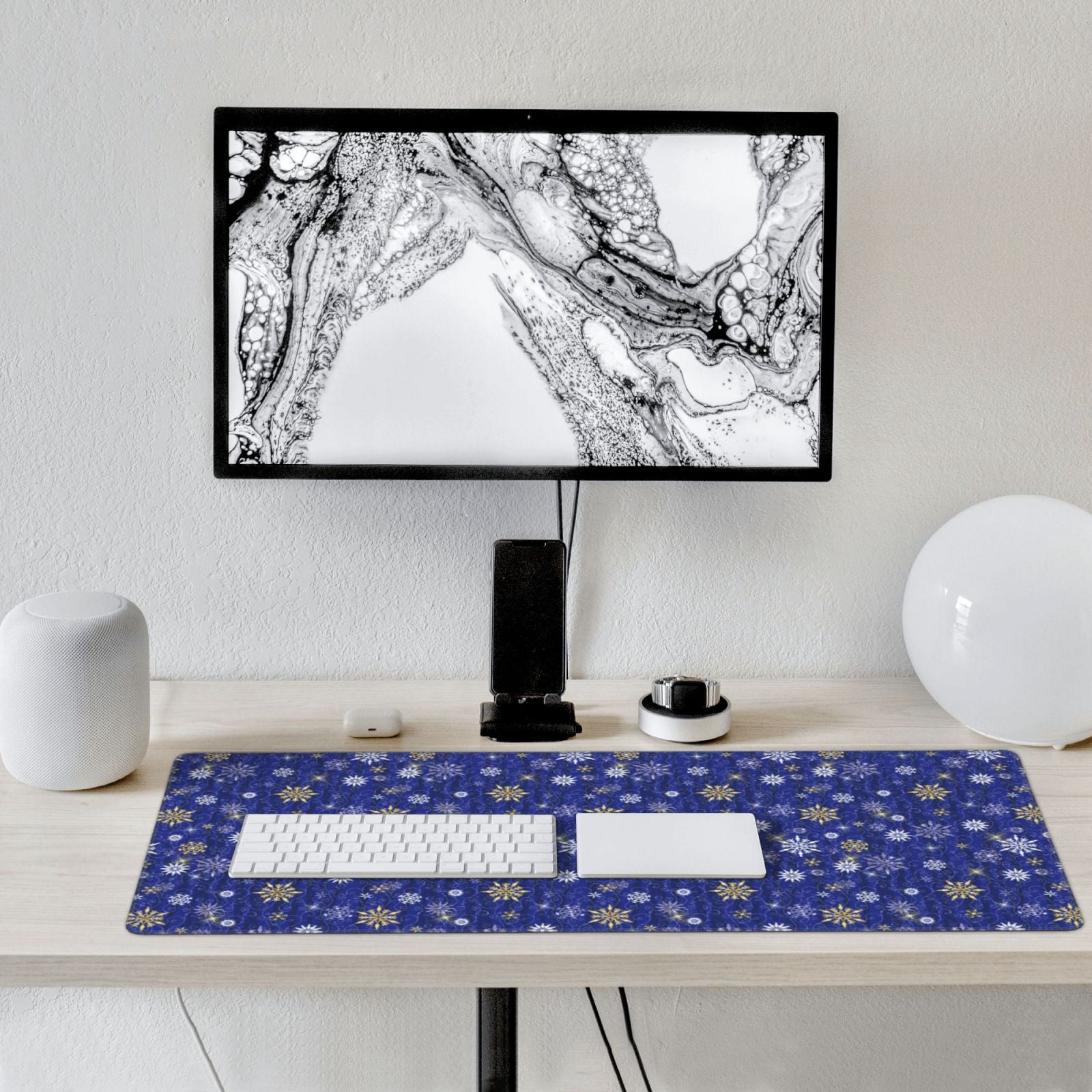 Xecao Golden Snowflakes Royal Blue Print Large Mouse Pad, 16x35.5in Mousepad, Professional Non-Slip Rubber Base Big Mouse Pad, Mouse Pad for Gaming & Office Full Desk Mouse Pad