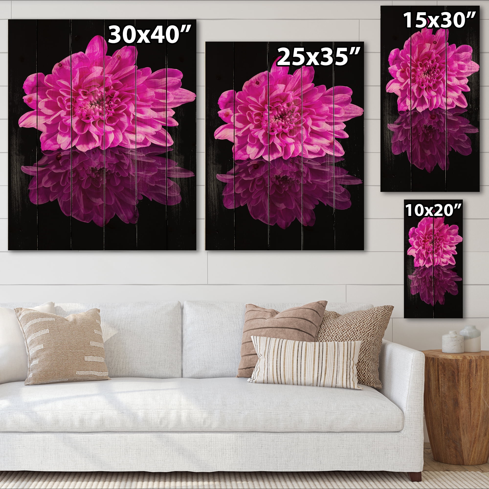 Designart 'Single Purple Chrysanthemum Flower On Black Reflection' Traditional Print on Natural Pine Wood