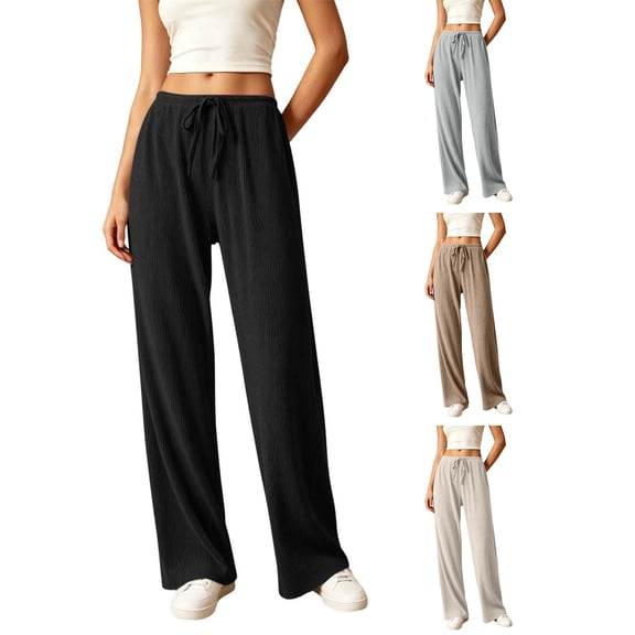 HomeDM Lounge Pants for Women Straight Leg Drawstring Casual Trousers Black Athletic Work Pants with Pockets Size L