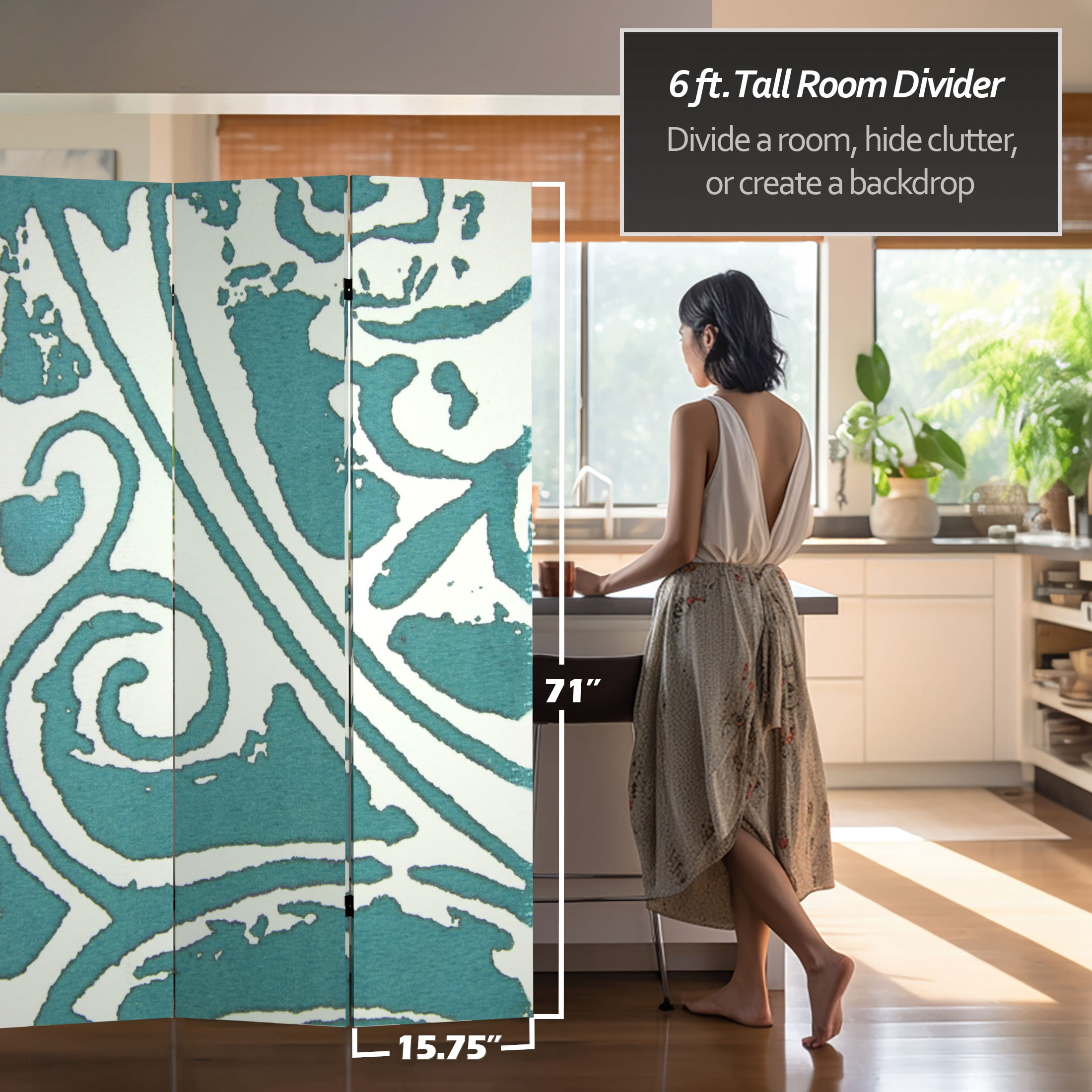 Oriental Furniture 6 ft. Tall Teal Vineyard Canvas Room Divider - 3 Panel