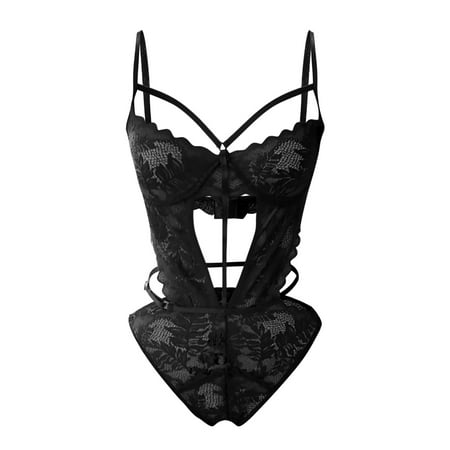 

Cathalem 5x Lingerie for plus Size Women High Cut Halter Deep V Neck Lingerie Floral Lace Lingerie Dress with Leg Straps Underwear Black Large