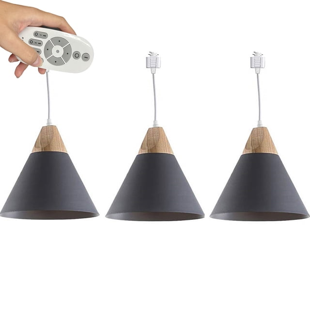 FSLiving Remote Control Pendant Light 3 Lights H-Type Track Pendant Lamps Scandinavian Style Pendant Lights for Kitchen Hanging Lamp Modern Wood and Aluminium Light Customizable - Grey
