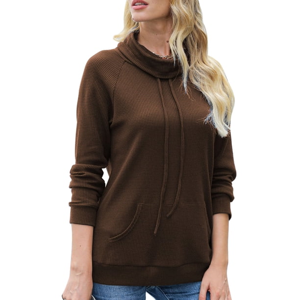 Sudadera de moda para mujer, cuello vuelto, bolsillo con cordón ajustable, cheques de gofres, jersey Abanopi Café/Extragrande