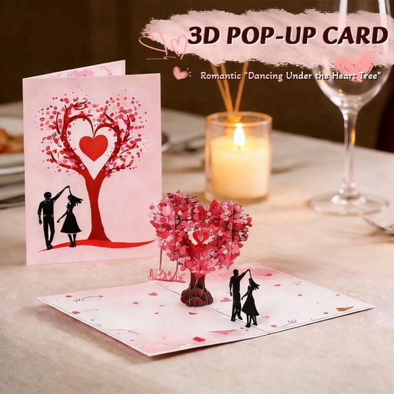Dancing Under the Heart Tree 3D Pop-Up Greeting Card - Romantic Keepsake with Pink Envelope and Note Card for Anniversary Valentine's Day Love