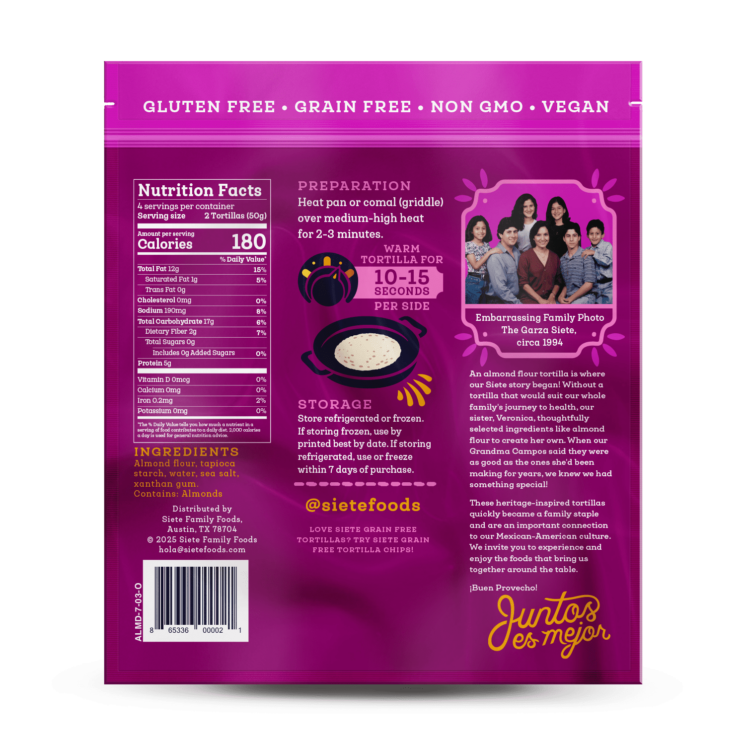 Siete Foods Grain Free Almond Flour Tortillas, 7oz., 8 Count