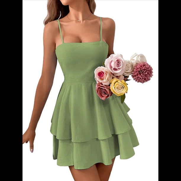 Vestido Corto de Verano con Lazo y Espalda Descubierta para Mujer Modelos de Vestidos Halter Verde L