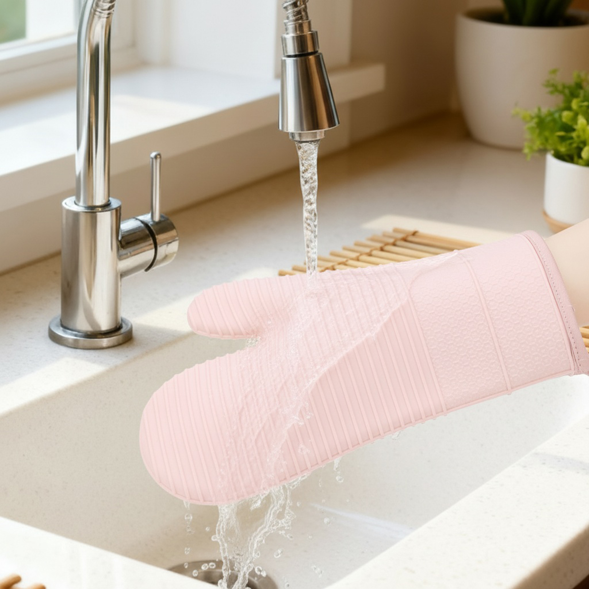 Unique Bargains Soft Oven Mitts Heat Resistant Cooking Gloves Pink 12.4x7.5inch