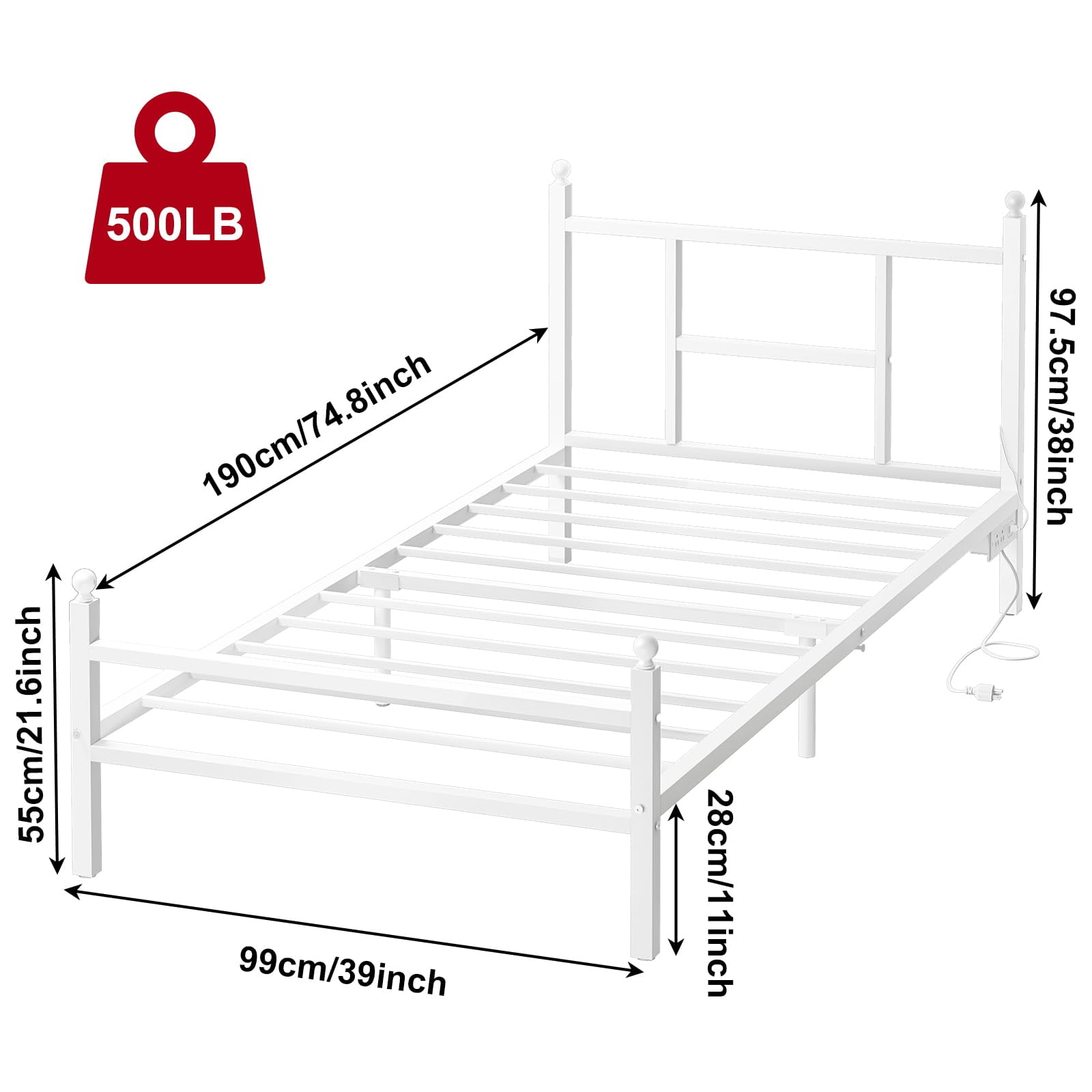 Fairy Twin Bed Frame with Charging Station, Metal Platform Bed with LED Lights, White