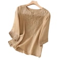 thumbnail image 2 of WULMLEO Linen Shirts for Women Summer Trendy V Neck Half Sleeve Embroidered Tunic Tops Beach Dressy Casual Blouses Camel L, 2 of 4