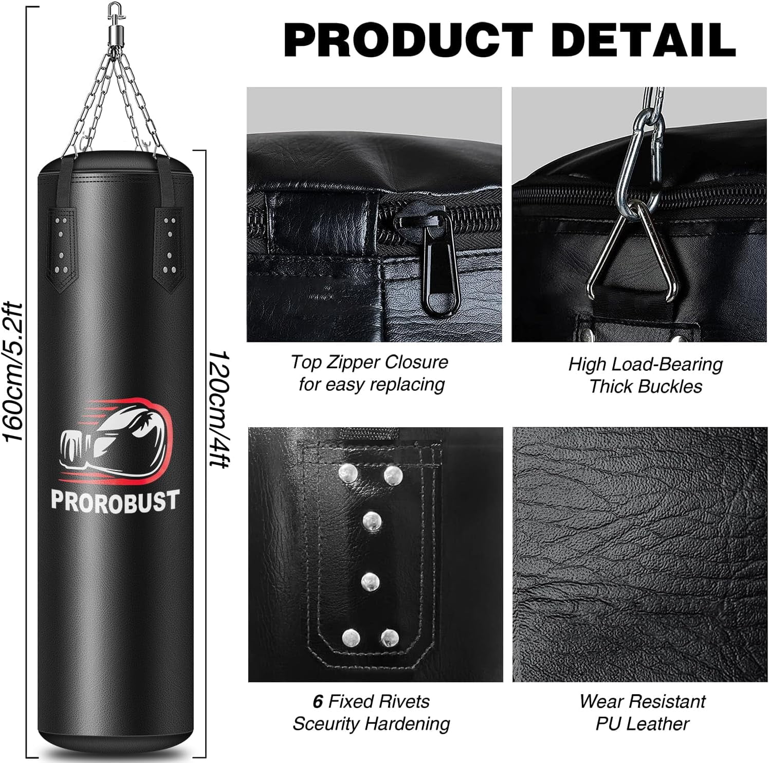 Prorobust Punching Bag for Adults, 4ft Black PU Heavy Boxing Bag Set with 12oz Gloves for MMA Kickboxing Boxing Karate Home Gym Training (Unfilled)
