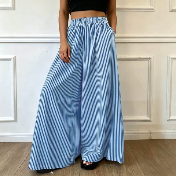 Cagogo Women's Striped Wide Leg Pants Elastic Waist Casual Loose Flowy Long Trousers for Summer Beach Travel Lounge Palazzo Style, Sky Blue S