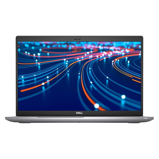 dell latitude 5520 15.6" fhd reacondicionado, laptop frontal abierta con pantalla 15.6" FHD mostrando fondo gráfico azul y naranja, cámara integrada en el bisel superior y logo Dell en el bisel inferior; chasis gris plata y teclado parcialmente visible; especificaciones indican Thunderbolt 3/USB-C, 2x USB 3.2, RJ45 y lector MicroSD; suele usarse también para trabajo profesional y multitarea.