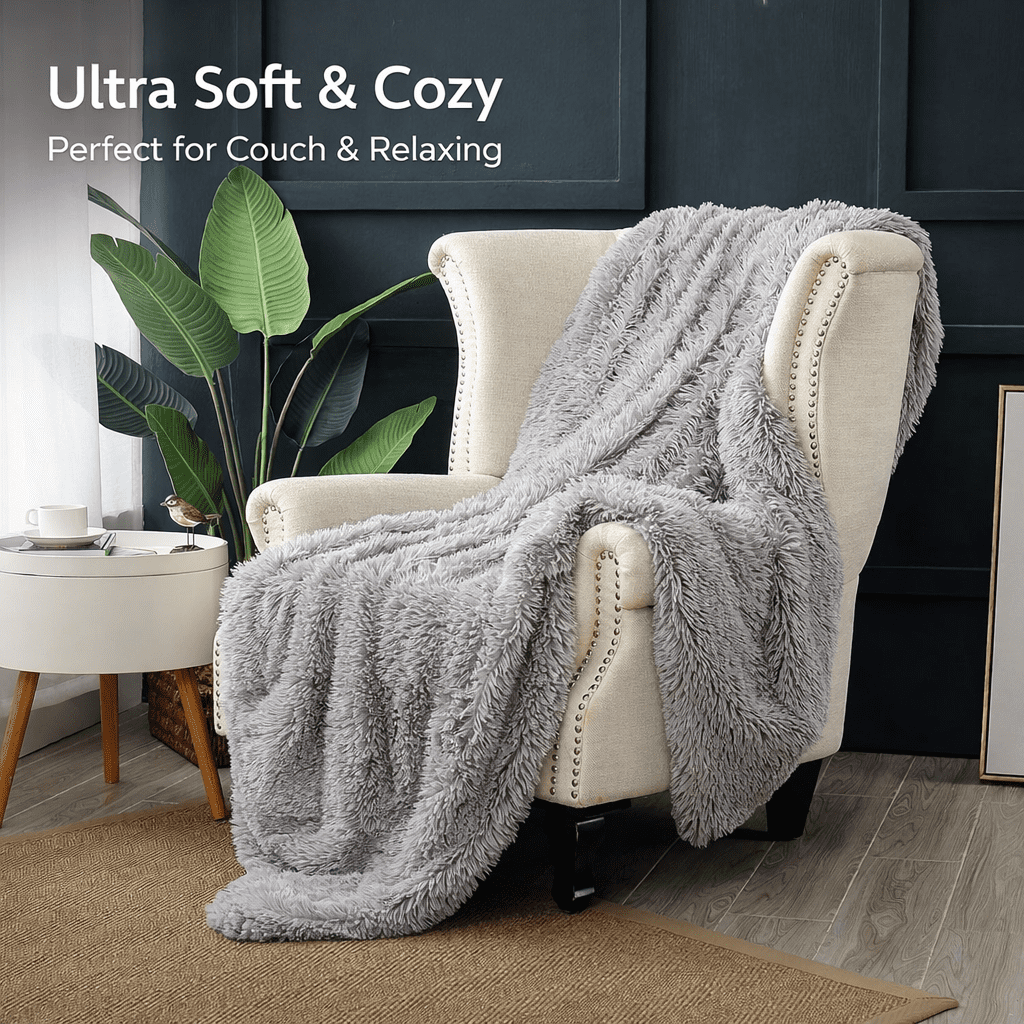 Reafort Luxury Long Hair Shaggy PV Fur Faux Fur Oversized Throw Blanket (Grey, 60"X70" Throw)