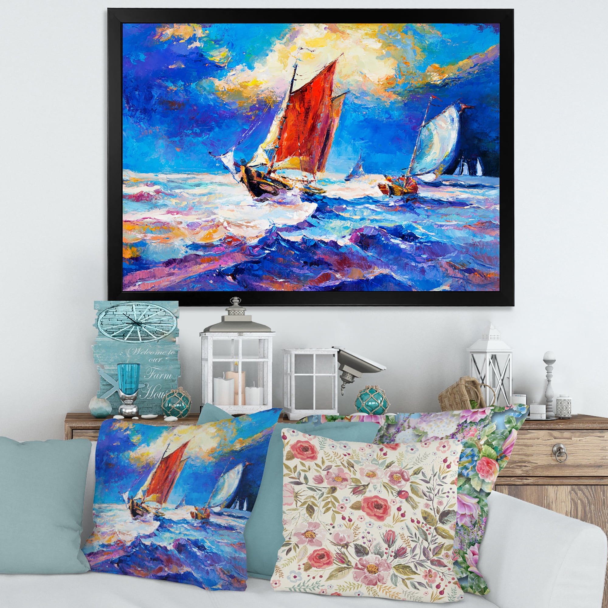 Sail ships On The Ocean Waves During Evening 40 in x 30 in Framed Painting Canvas Art Print, by Designart