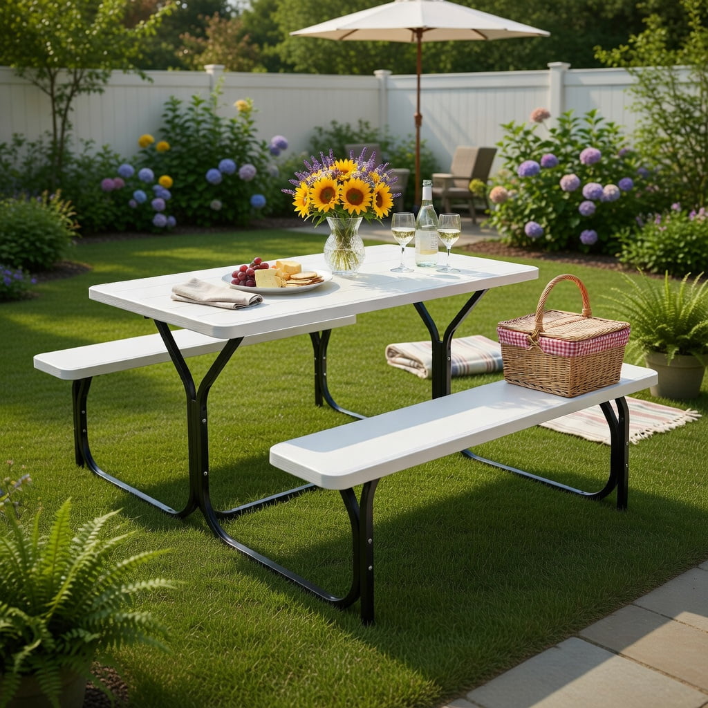 Hommoo Outdoor Picnic Table and Bench Set, HDPE Weather-Resistant Folding Patio Table with 2 Benches, White