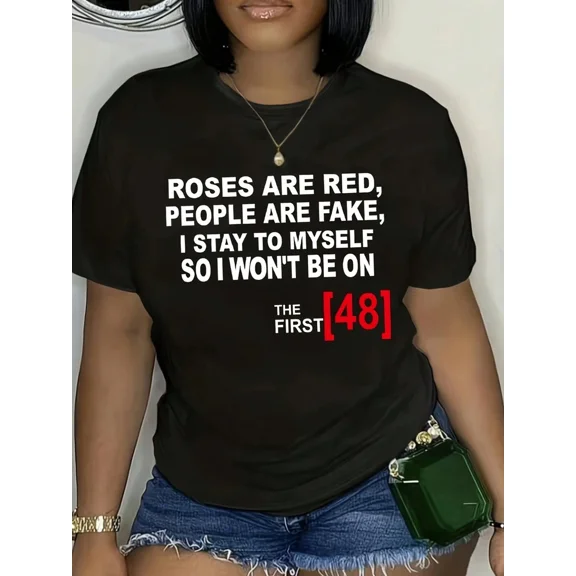 Women's Plus Size Roses Are Red Print Casual Crew Neck Short Sleeve T-Shirt, Comfortable Fashion Tee For Curvy Ladies
