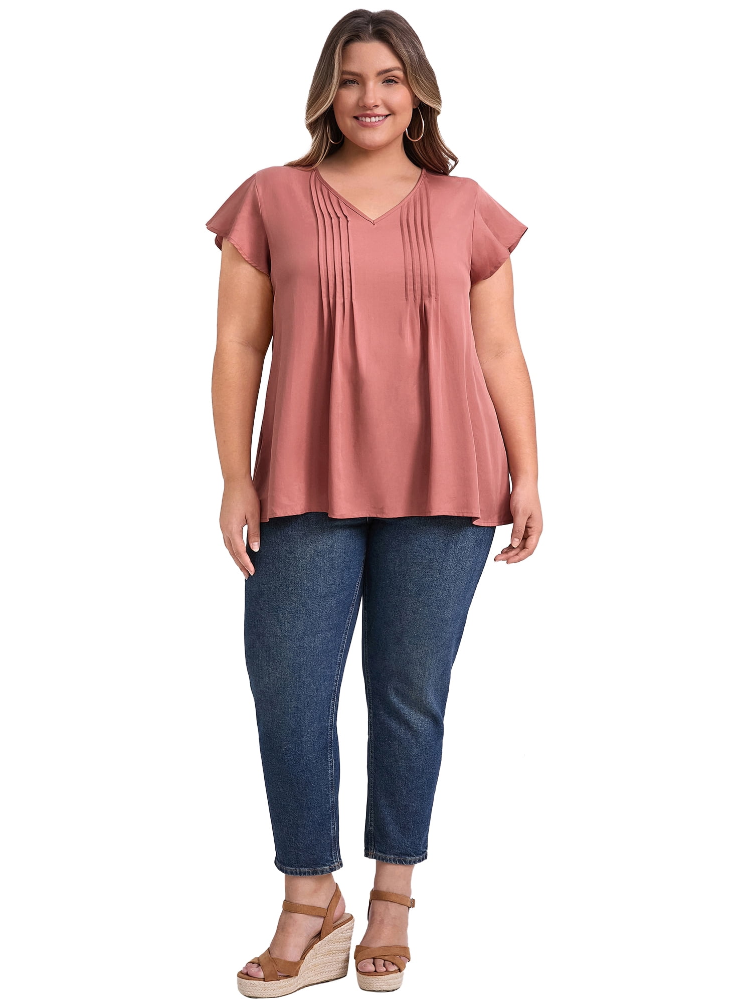 DARING DIVA Women's Plus V Neck Ruffle Short Sleeve Blouse 2X Coral Red