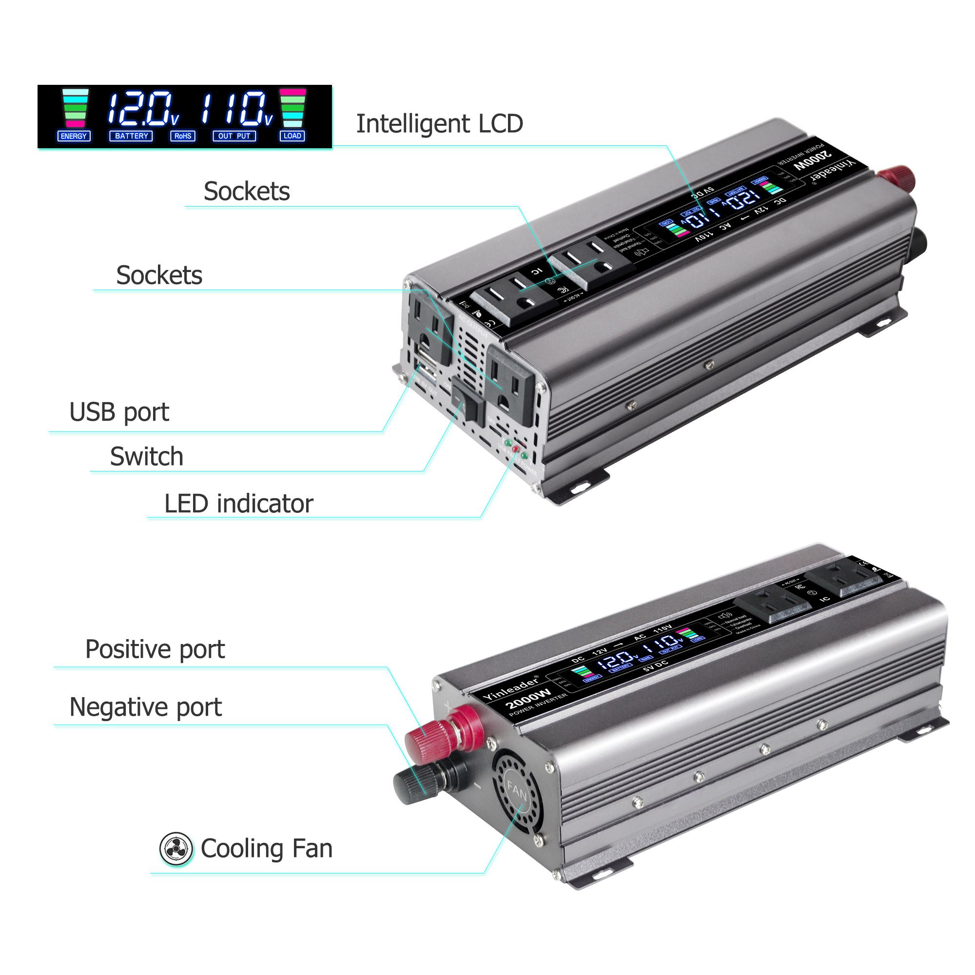 Yinleader 1000 Watts Car Power Inverter DC 12V to 110V AC Converter with LCD Display 4 AC Outlets and Dual USB