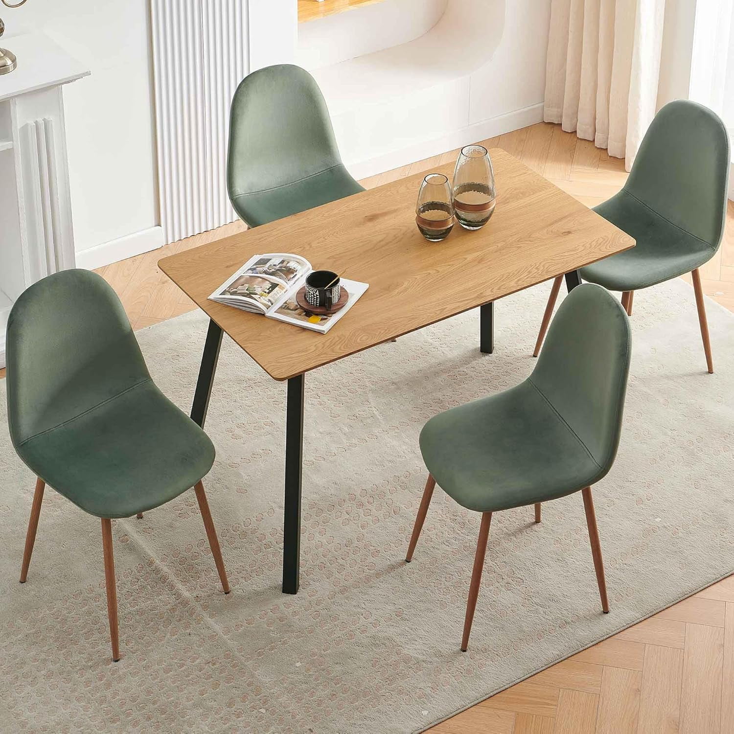 NORDICANA Modern Dining Chairs Set of 4, Green Velvet Kitchen Chairs, Upholstered Side Chairs with Faux Wood-Grain Metal Legs
