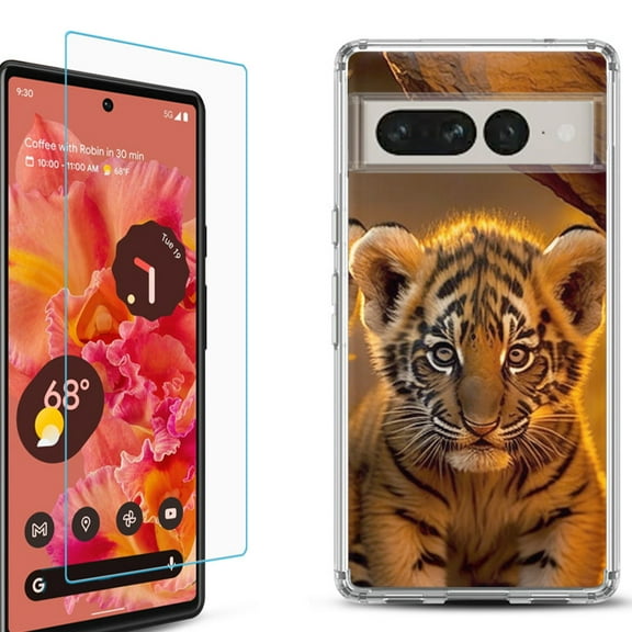 Shockproof Bumper Phone Case for Google Pixel 7, with Tempered Glass Screen Protector, by OneToughShield ® - Tiger Cub