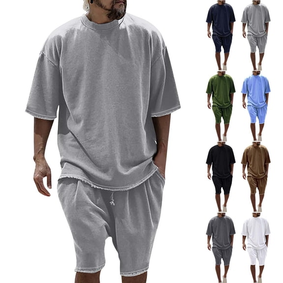 Antinious Summer Sleepwear Outfits for Men,Mens Loungewear Set,Holiday Outfits for Men Casual Solid Short Sleeve Round Neck Blouses Shirts Shorts Set,Dark Gray,XL