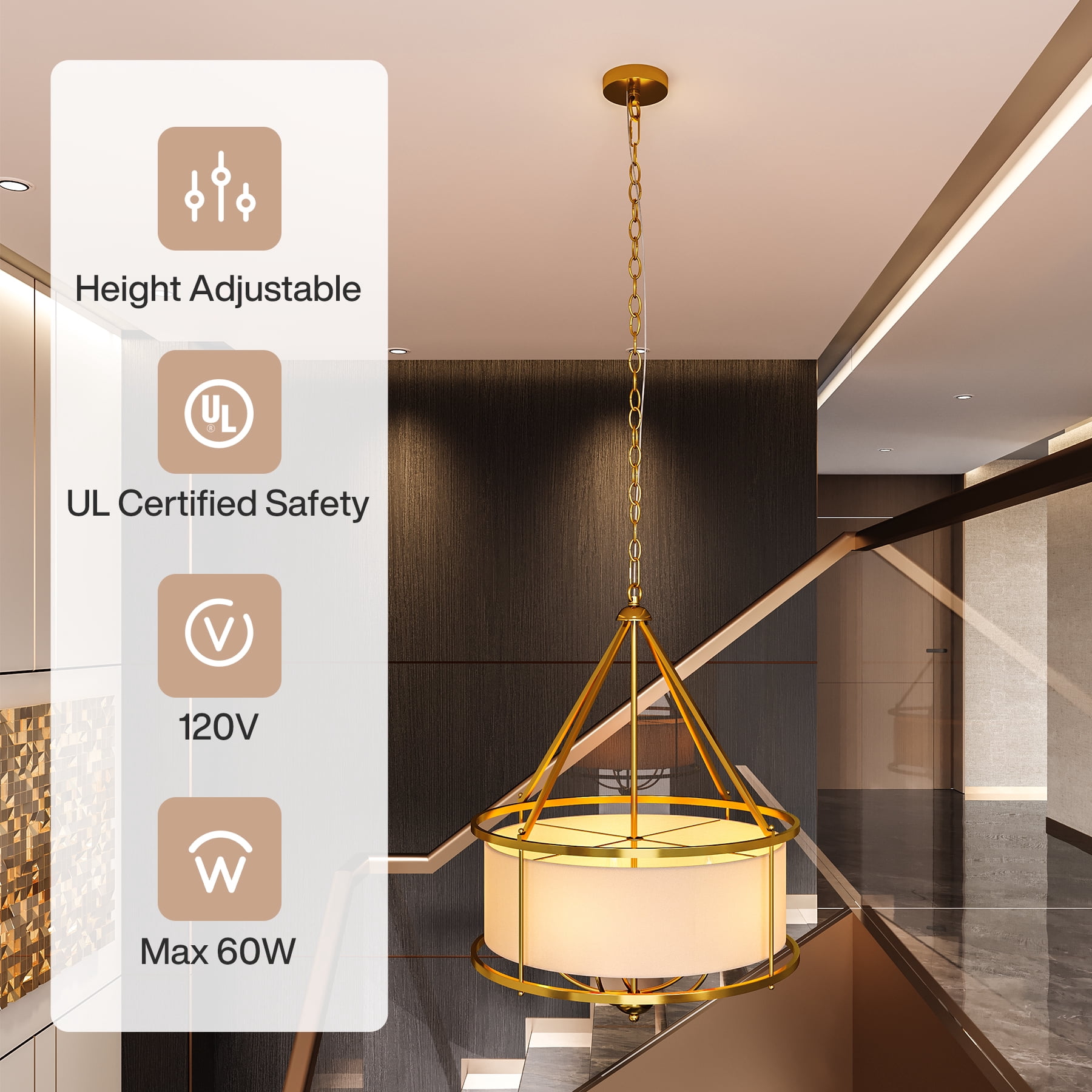 Tribesigns 5-Light Pendant Light with Drum Fabric Lampshade, Height-Adjustable Hanging Light Fixture, Modern Chandelier for Living Room, Dining Room, Bedroom, Staircase