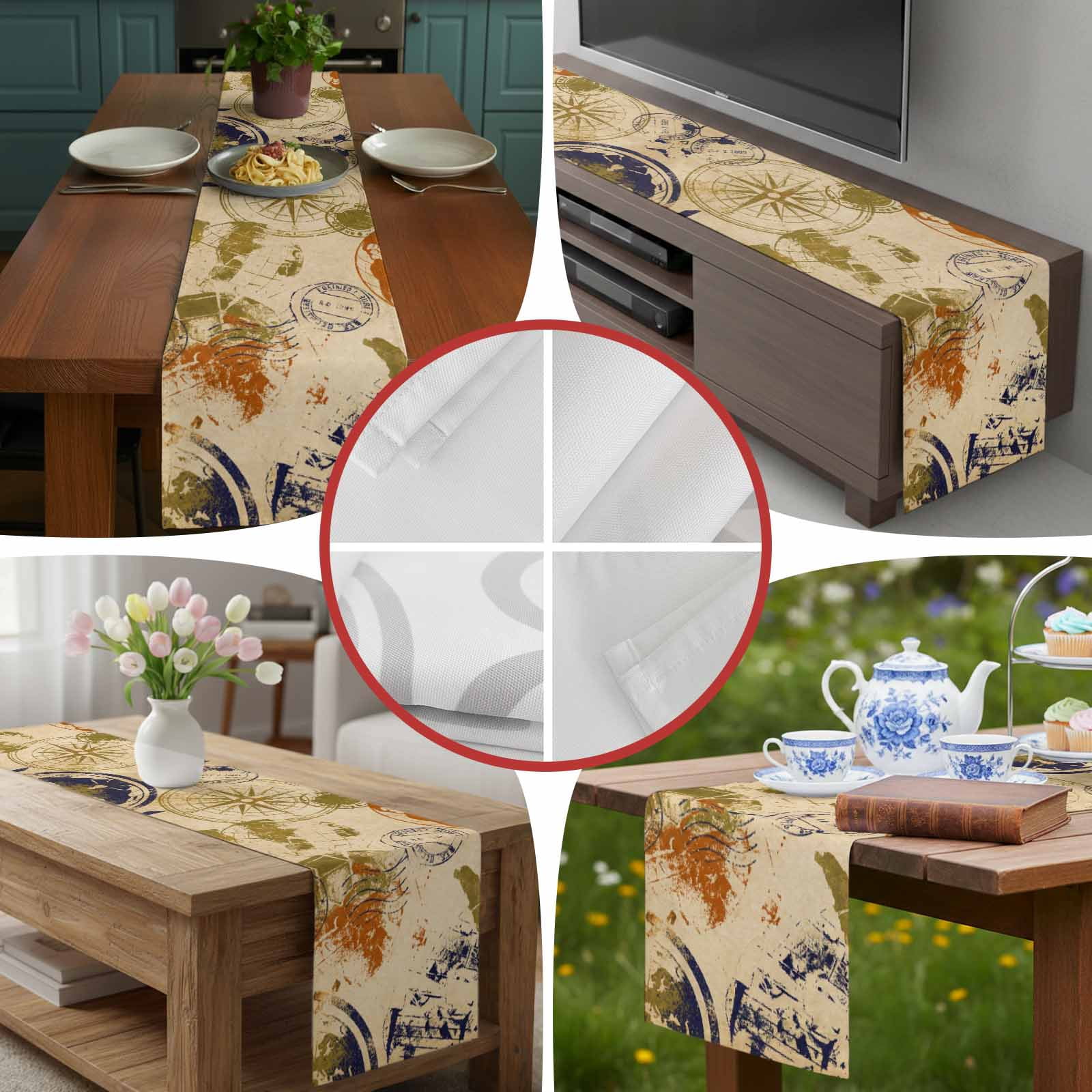 Vintage Globe Burlap Cotton Table Runner 13x90 Inches Long, Abstract Travel Adventure Compass Farmhouse Table Runners, Outdoor Dining Tablecloths Decor for Baby Shower/Party/Wedding