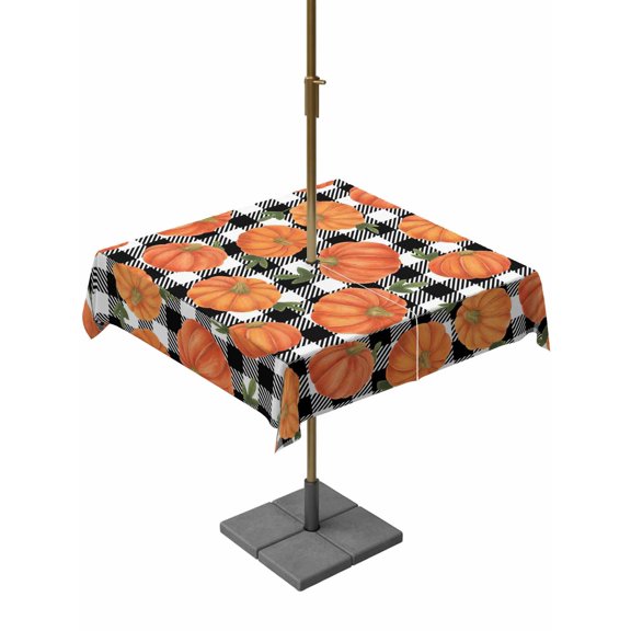 Outdoor Tablecloth with Umbrella Hole and Zipper, Thanksgiving Square Table Cloth 54x54 Inch Waterproof Tablecloth, Fall Orange Pumpkin Black White Plaid Picnic Table Cover for Patio Camping