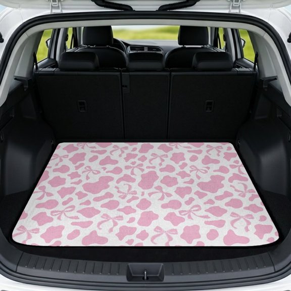 Yspwyqan Car Trunk Mat, Universal Size 29" x 39", Pink Bow Cow Print Season-Resistant Skid-Proof Cargo Liner, Cute Auto Accessory, Suitable for Most Sedans SUVs Wagons for Daily Commute Trips