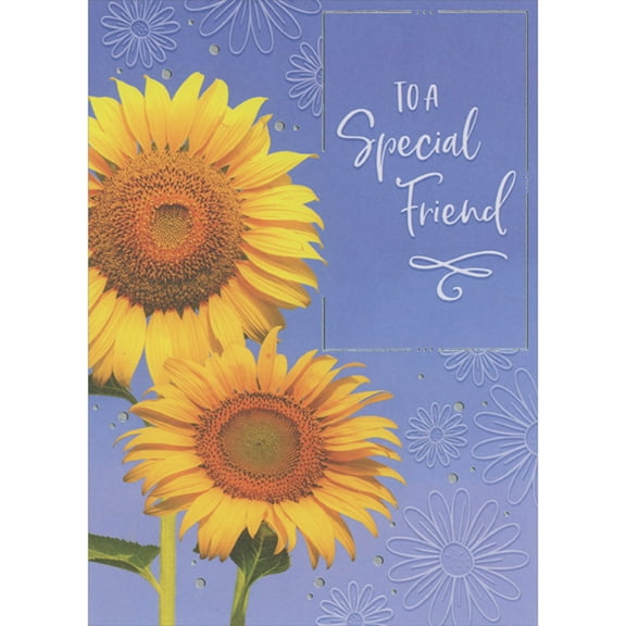 Designer Greetings Two Large Yellow Sunflowers and White Thin Lined Flower Drawings on Blue Mother's Day Card for Friend