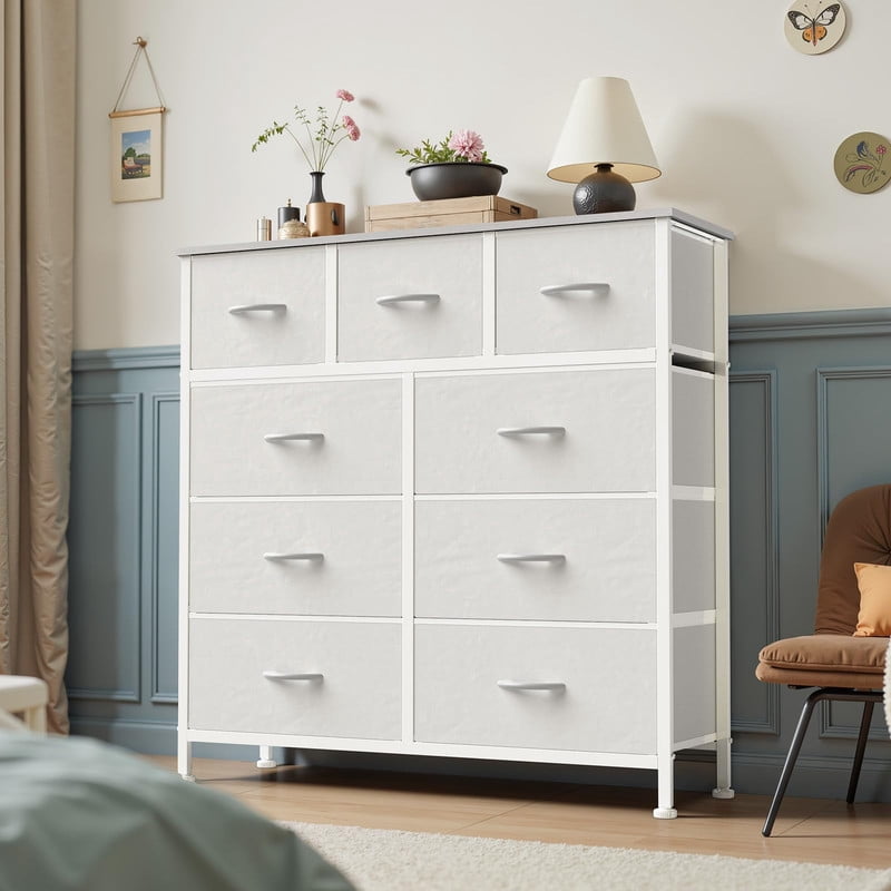 Kelno 9 Drawer Fabric Dresser Storage Tower Chest Organizer with Wood Top Steel Frame, White