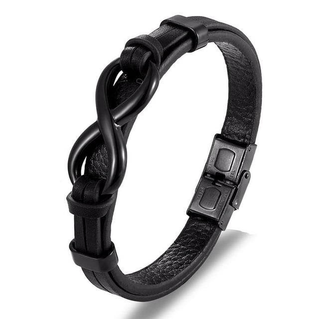 Pulsera de cuero unisex con signo de infinito Amor simbólico Pulsera trenzada de moda Brazalete-23 cm-Número infinito de acero negro